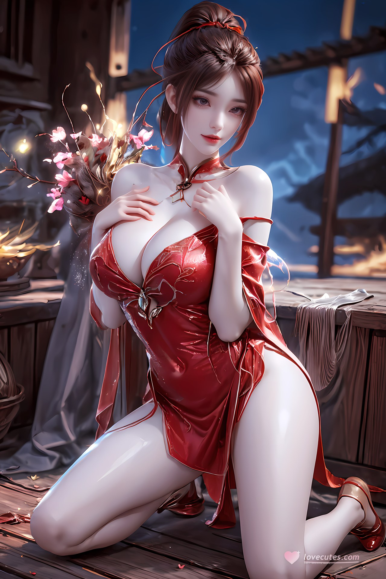 AI Nudes - 紅凰：紅色古風水景露穴圖集 76P