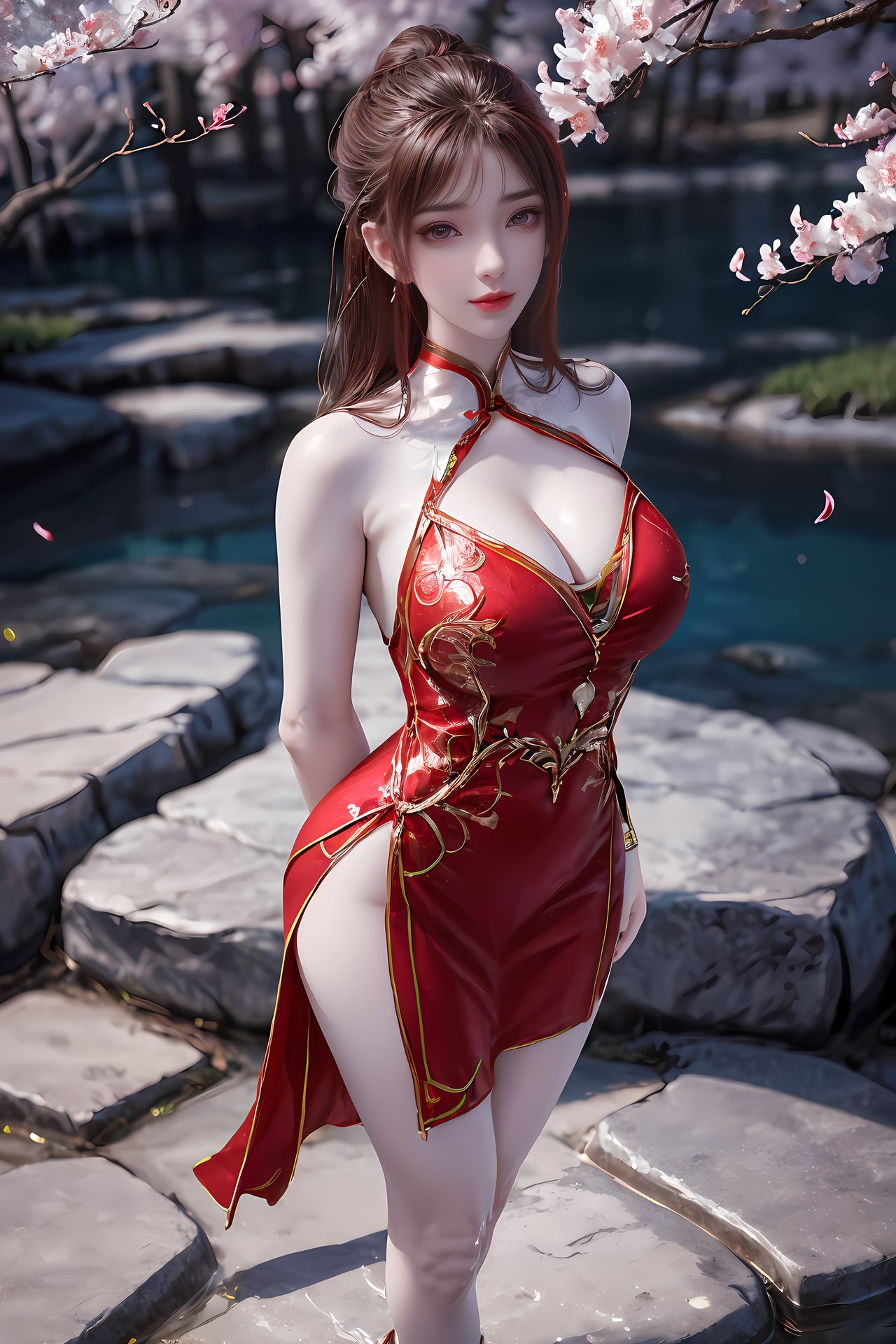 AI Nudes - 紅凰：紅色古風水景露穴圖集 76P
