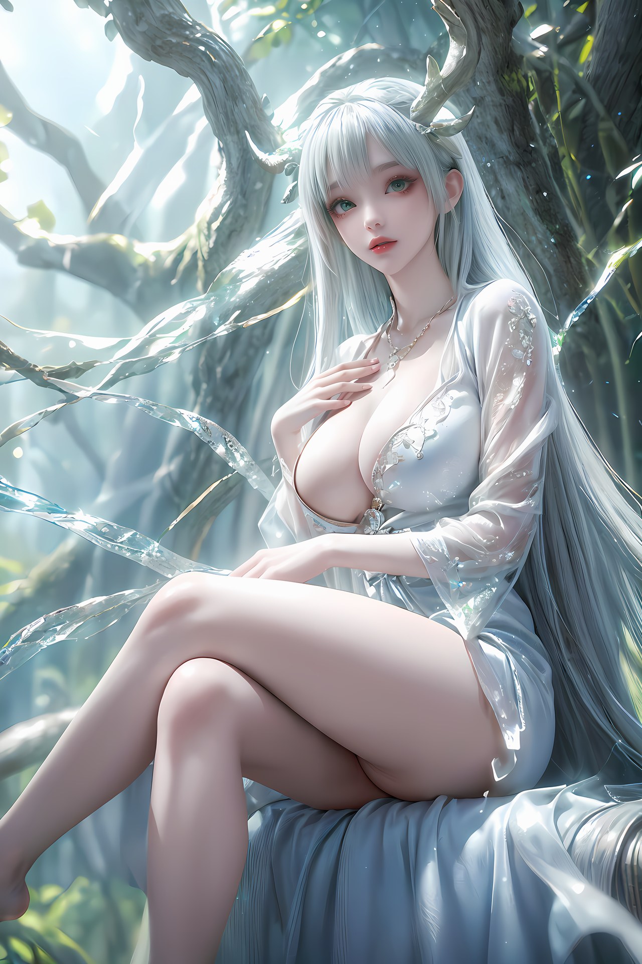 AI Nudes - Xutian Shenteng White Hair Antlers Forest Waterside Gallery 73P
