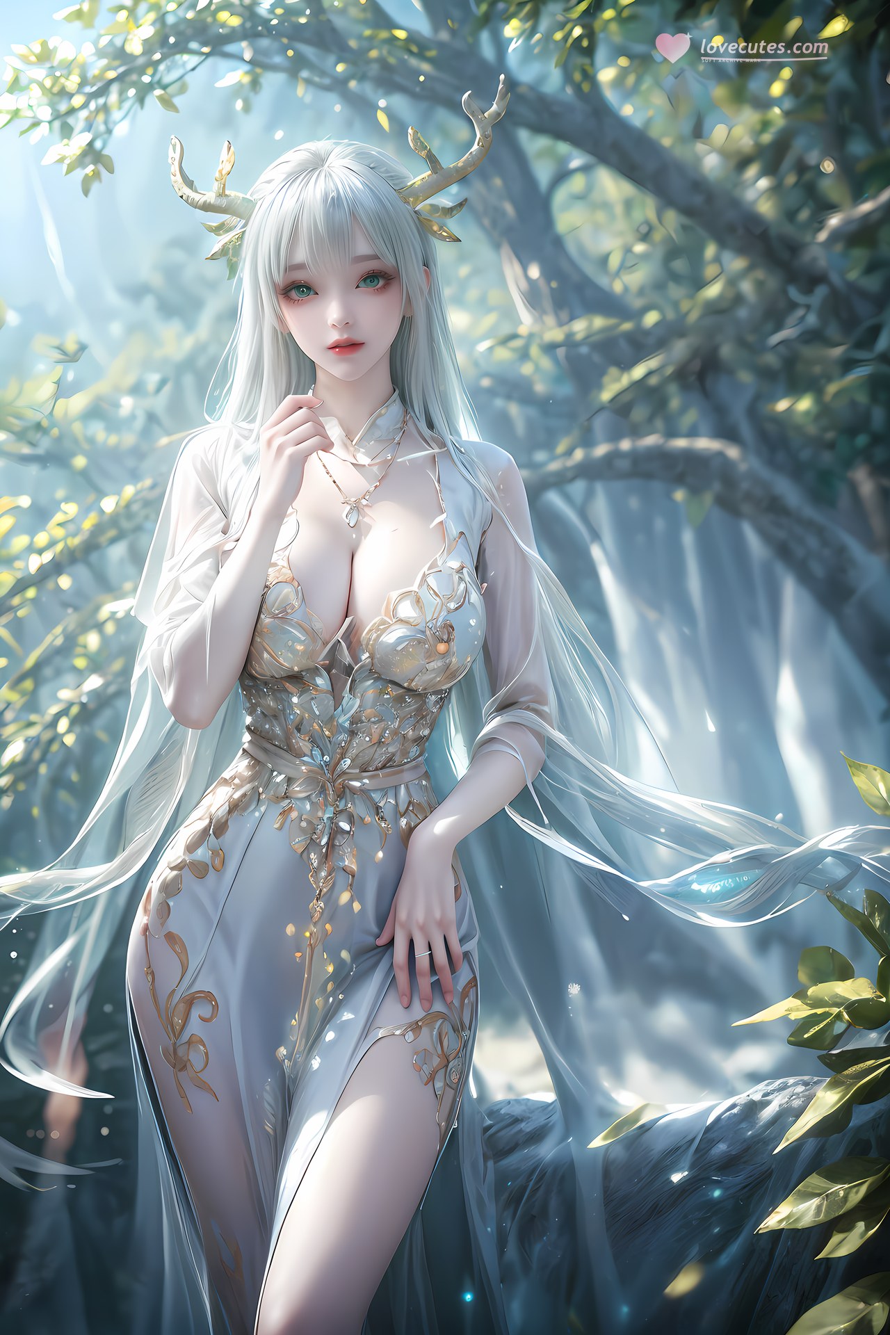 AI Nudes - Xutian Shenteng White Hair Antlers Forest Waterside Gallery 73P