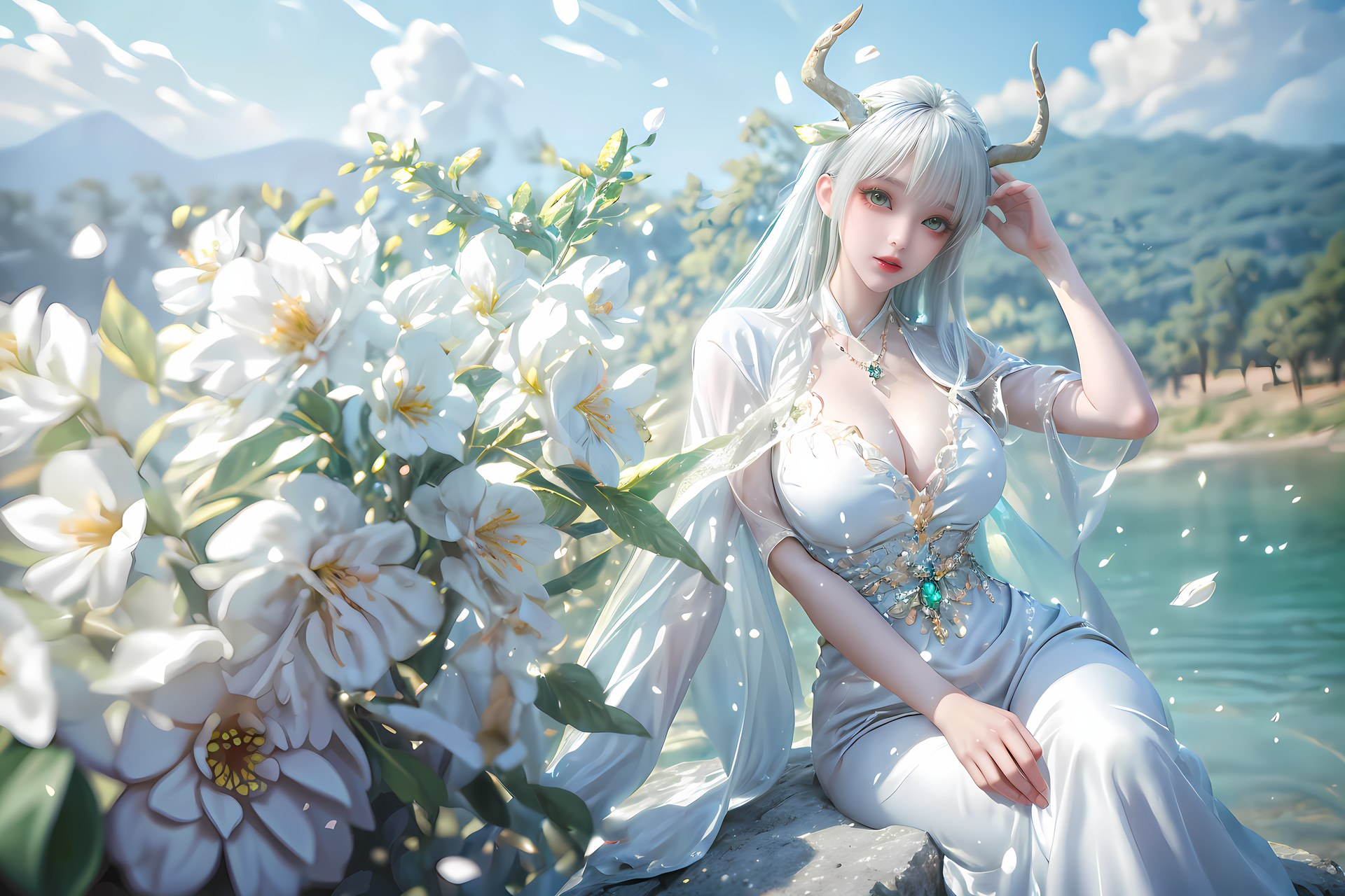 AI Nudes - Xutian Shenteng White Hair Antlers Forest Waterside Gallery 73P