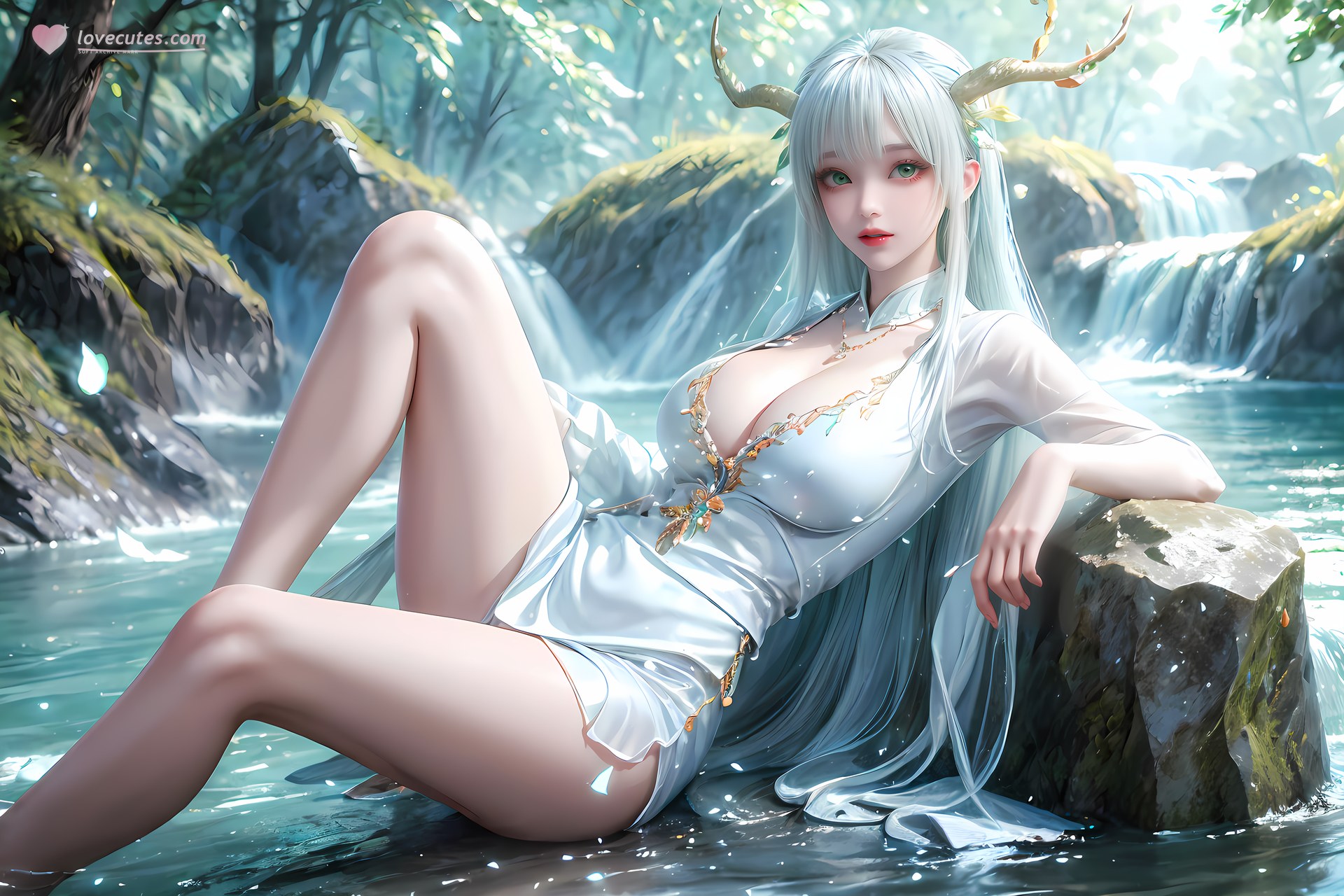 AI Nudes - Xutian Shenteng White Hair Antlers Forest Waterside Gallery 73P