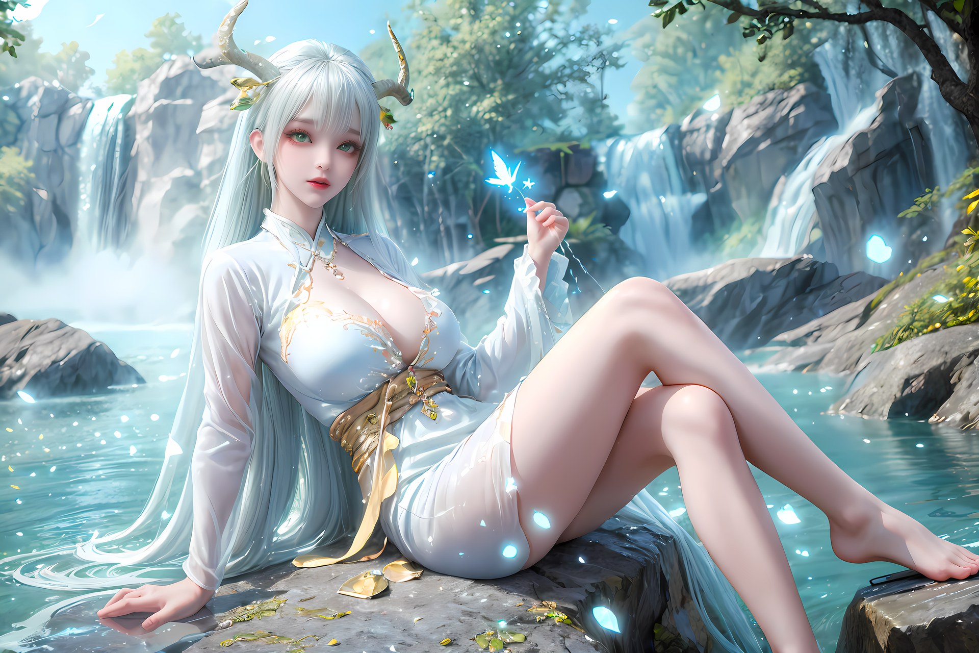 AI Nudes - Xutian Shenteng White Hair Antlers Forest Waterside Gallery 73P