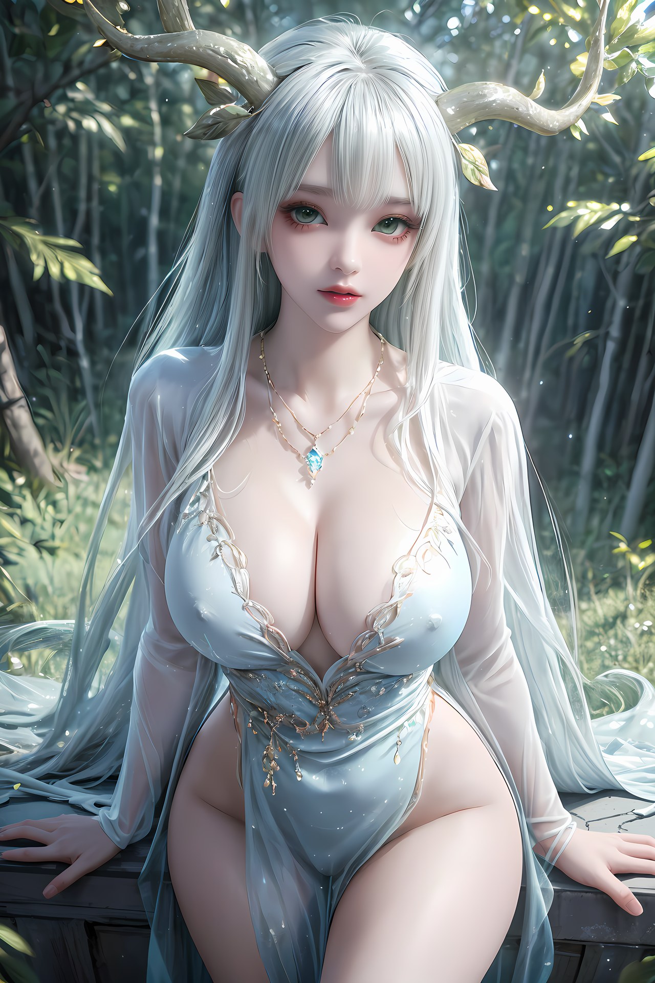 AI Nudes - Xutian Shenteng White Hair Antlers Forest Waterside Gallery 73P