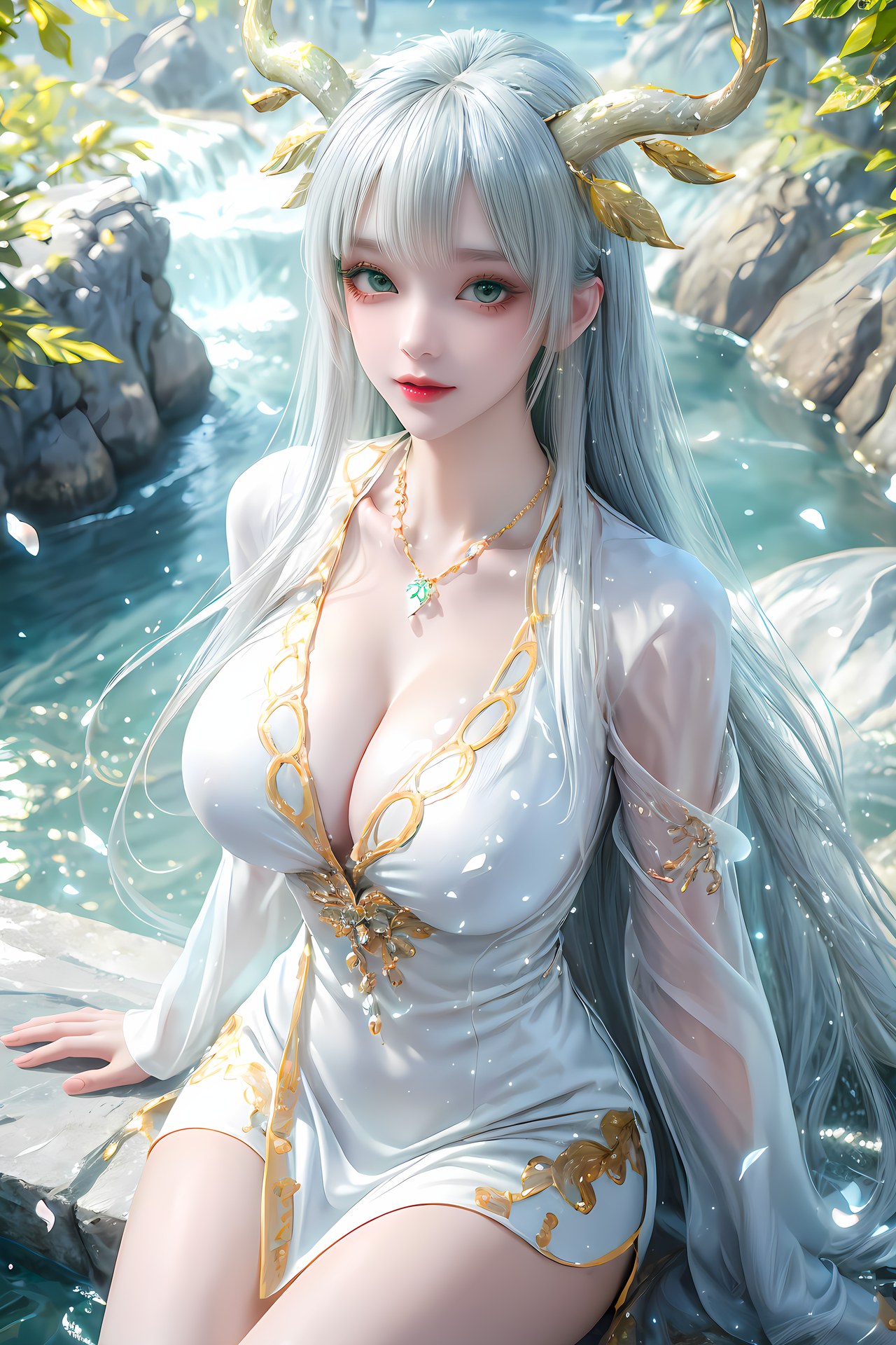 AI Nudes - 虛天神藤：白髮鹿角森林水景露穴圖集 73P