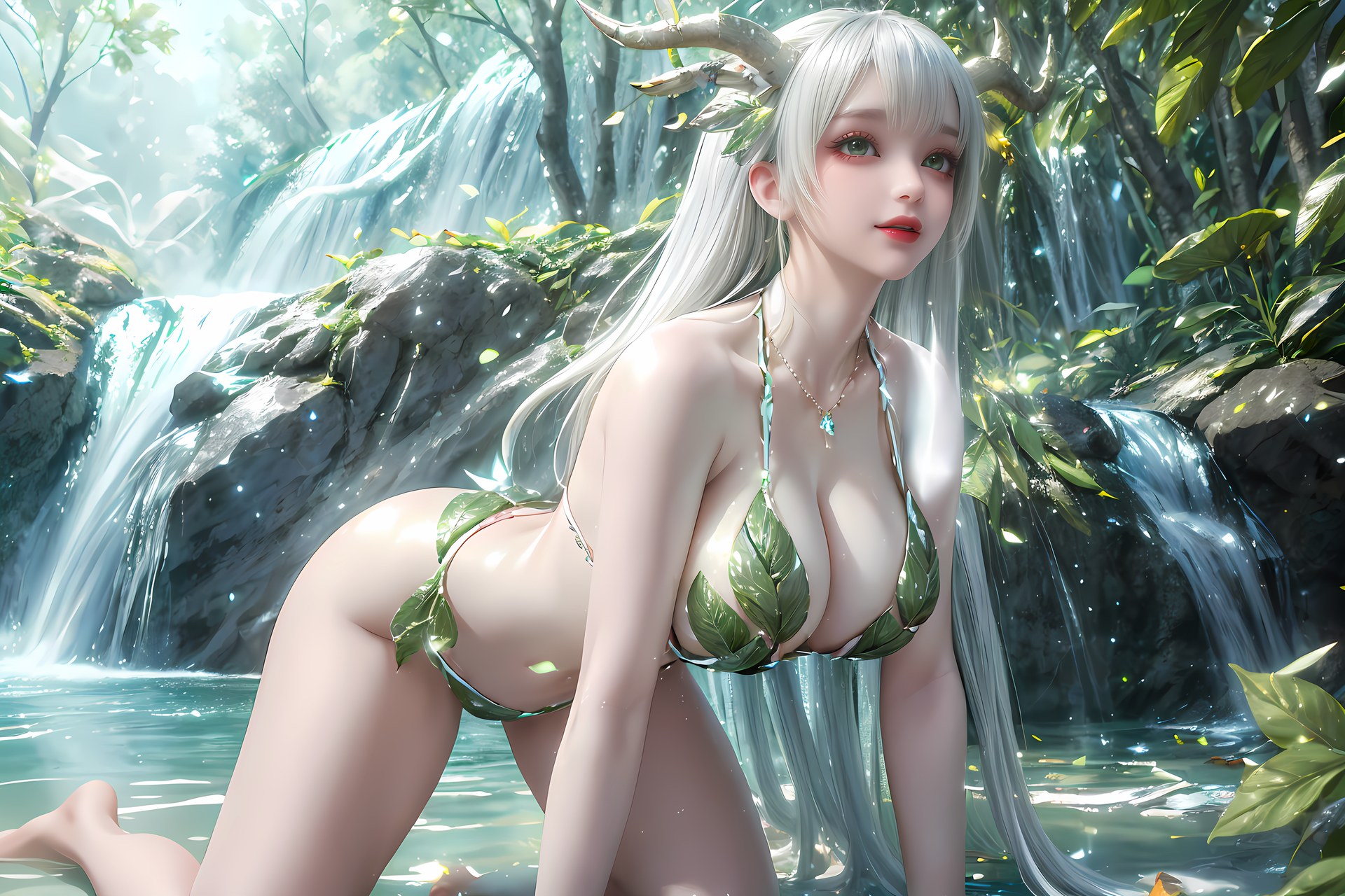 AI Nudes - 虛天神藤：白髮鹿角森林水景露穴圖集 73P