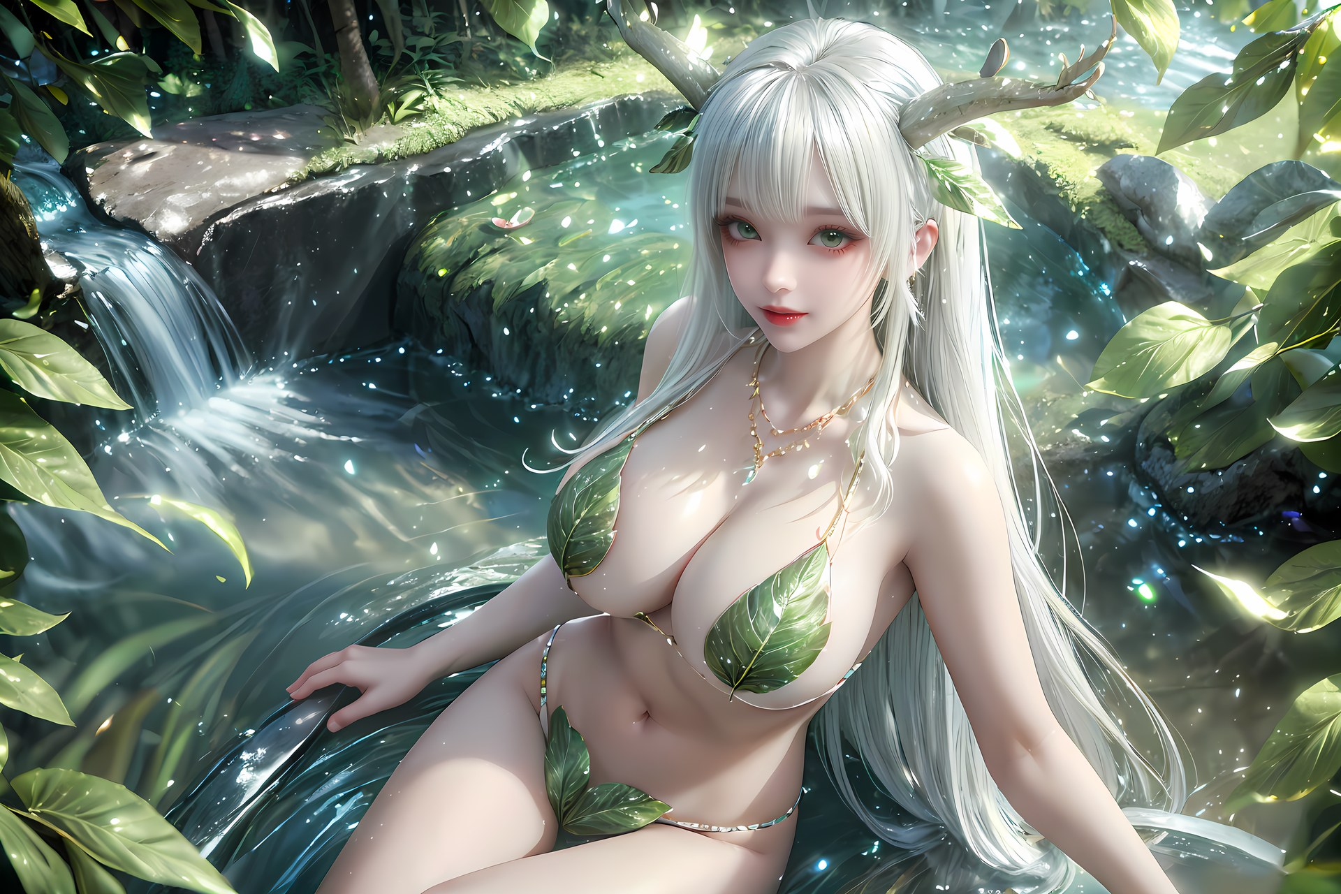 AI Nudes - 虛天神藤：白髮鹿角森林水景露穴圖集 73P