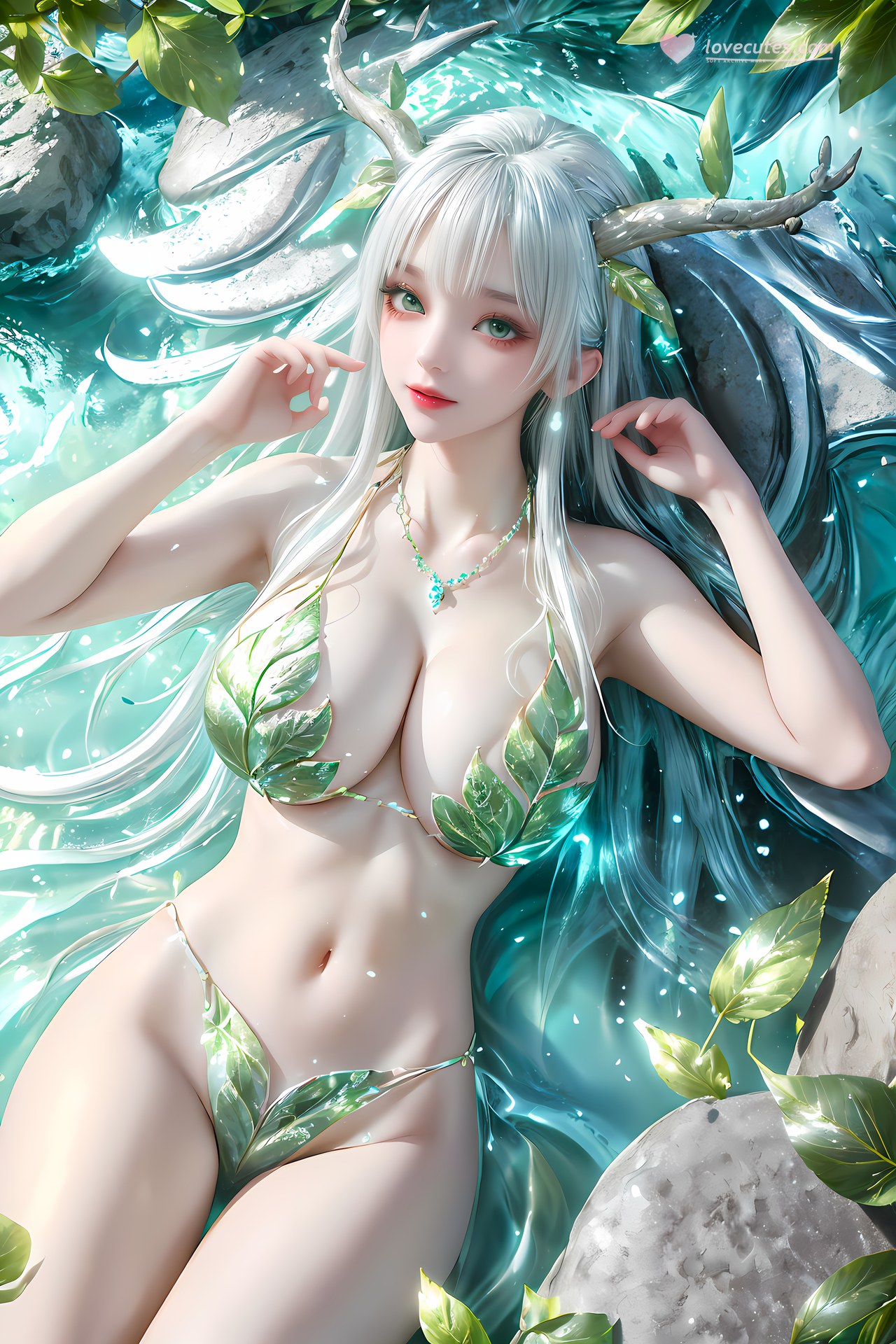AI Nudes - 虛天神藤：白髮鹿角森林水景露穴圖集 73P