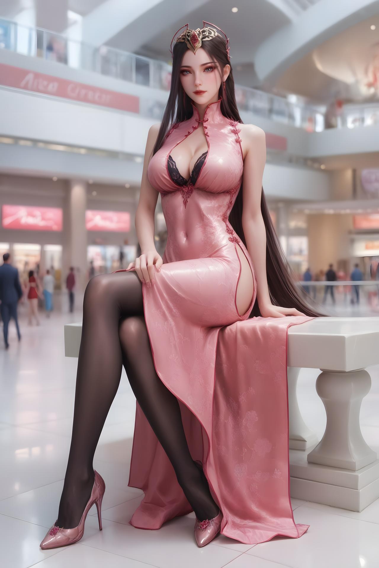 AI Porn - 叶夕水：粉色旗袍黑丝商场交合图集 100P