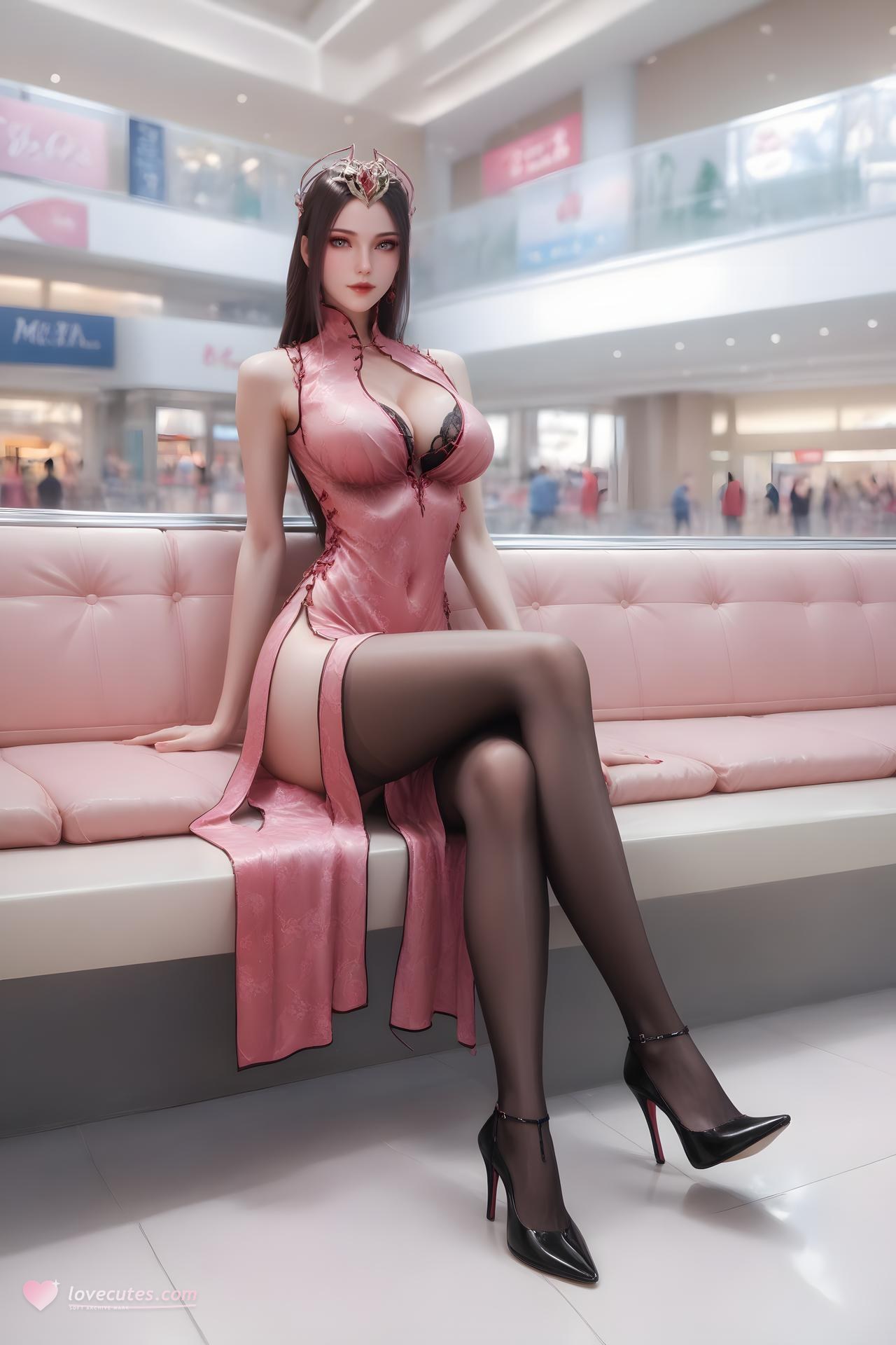 AI Porn - 叶夕水：粉色旗袍黑丝商场交合图集 100P
