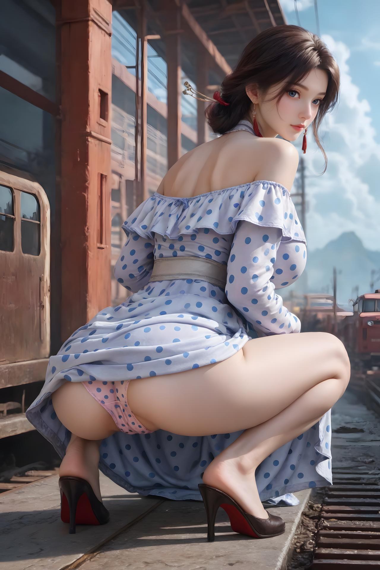 AI Nudes - Cẩm Nương váy chấm bi xanh trắng bên đường ray 99P