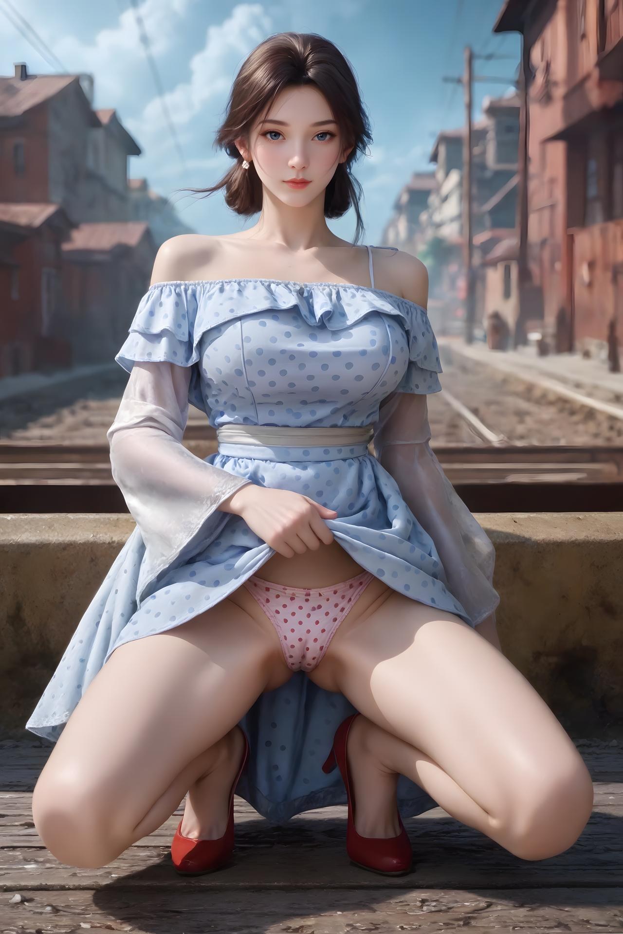 AI Nudes - Cẩm Nương váy chấm bi xanh trắng bên đường ray 99P