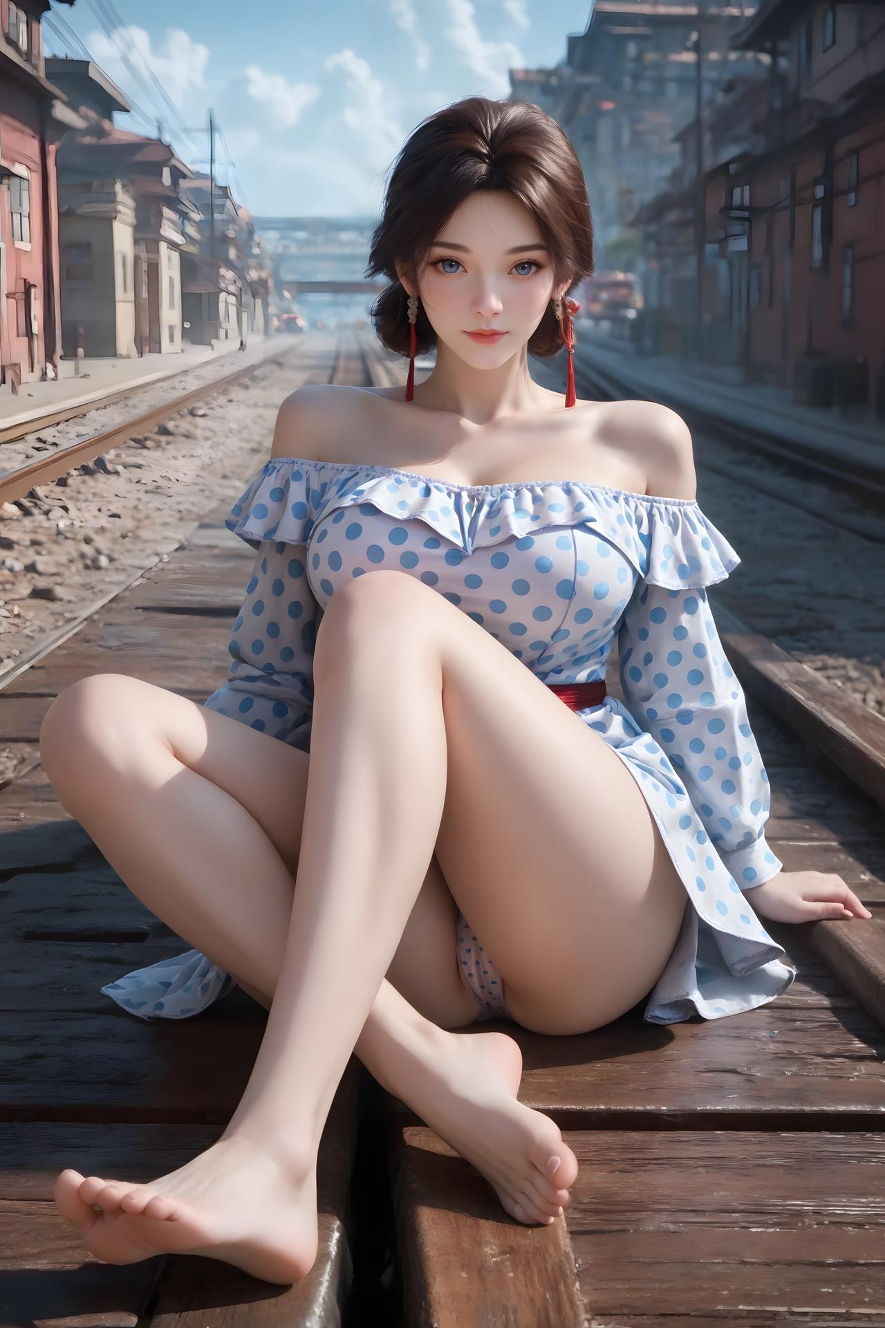 AI Nudes - Cẩm Nương váy chấm bi xanh trắng bên đường ray 99P