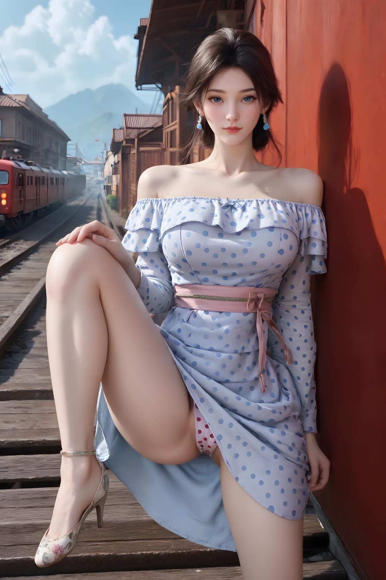 AI Nudes - Cẩm Nương váy chấm bi xanh trắng bên đường ray 99P
