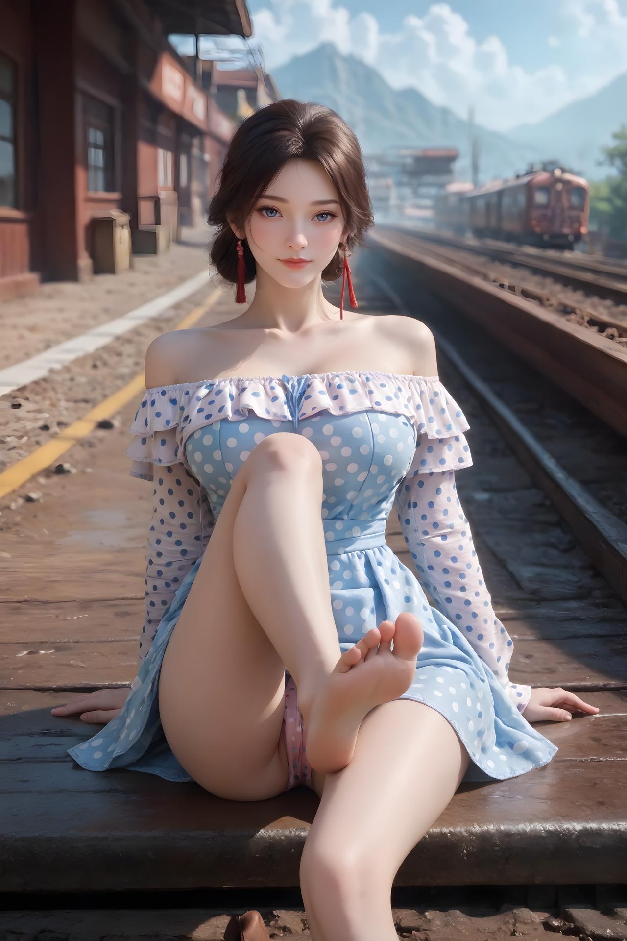 AI Nudes - Cẩm Nương váy chấm bi xanh trắng bên đường ray 99P
