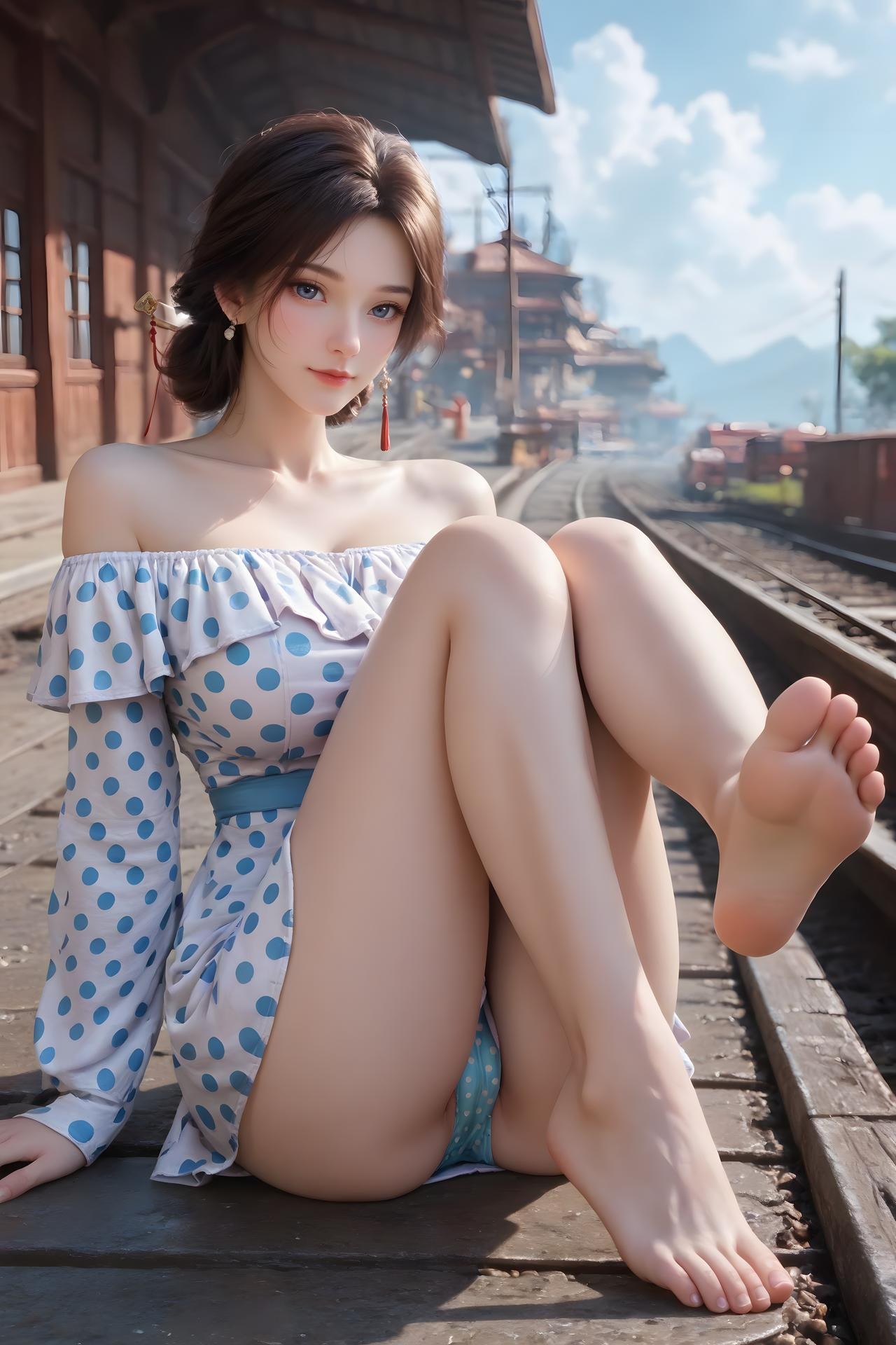 AI Nudes - Cẩm Nương váy chấm bi xanh trắng bên đường ray 99P