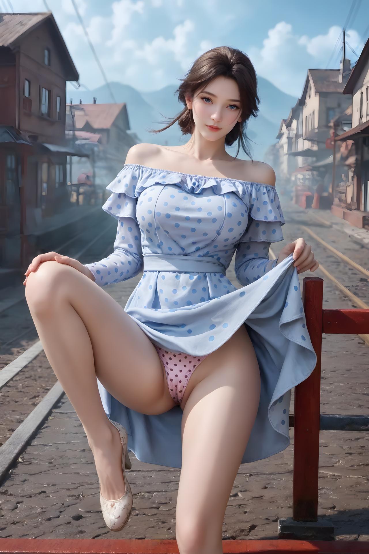 AI Nudes - Cẩm Nương váy chấm bi xanh trắng bên đường ray 99P