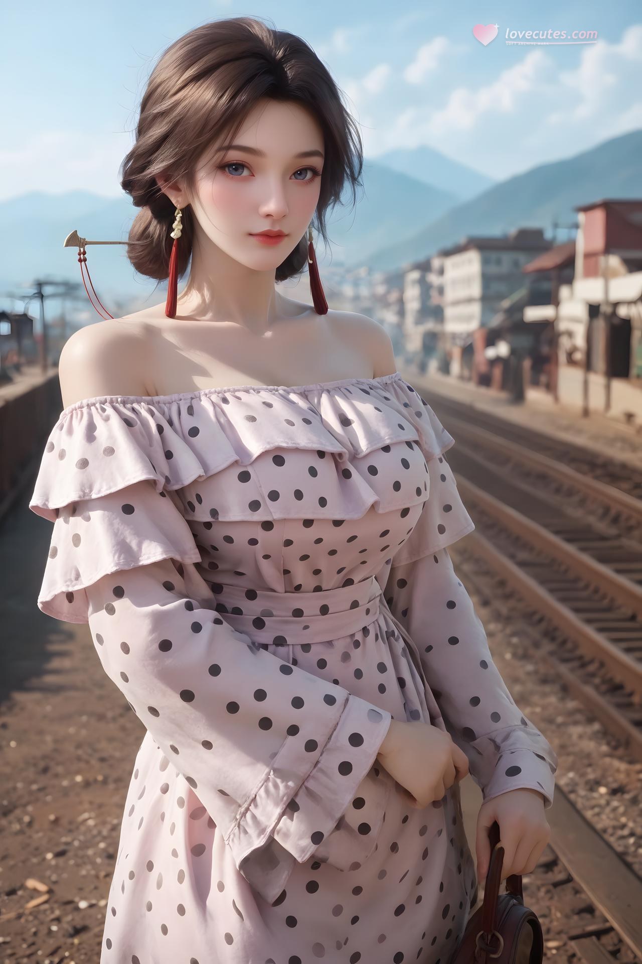 AI Nudes - Cẩm Nương váy chấm bi xanh trắng bên đường ray 99P