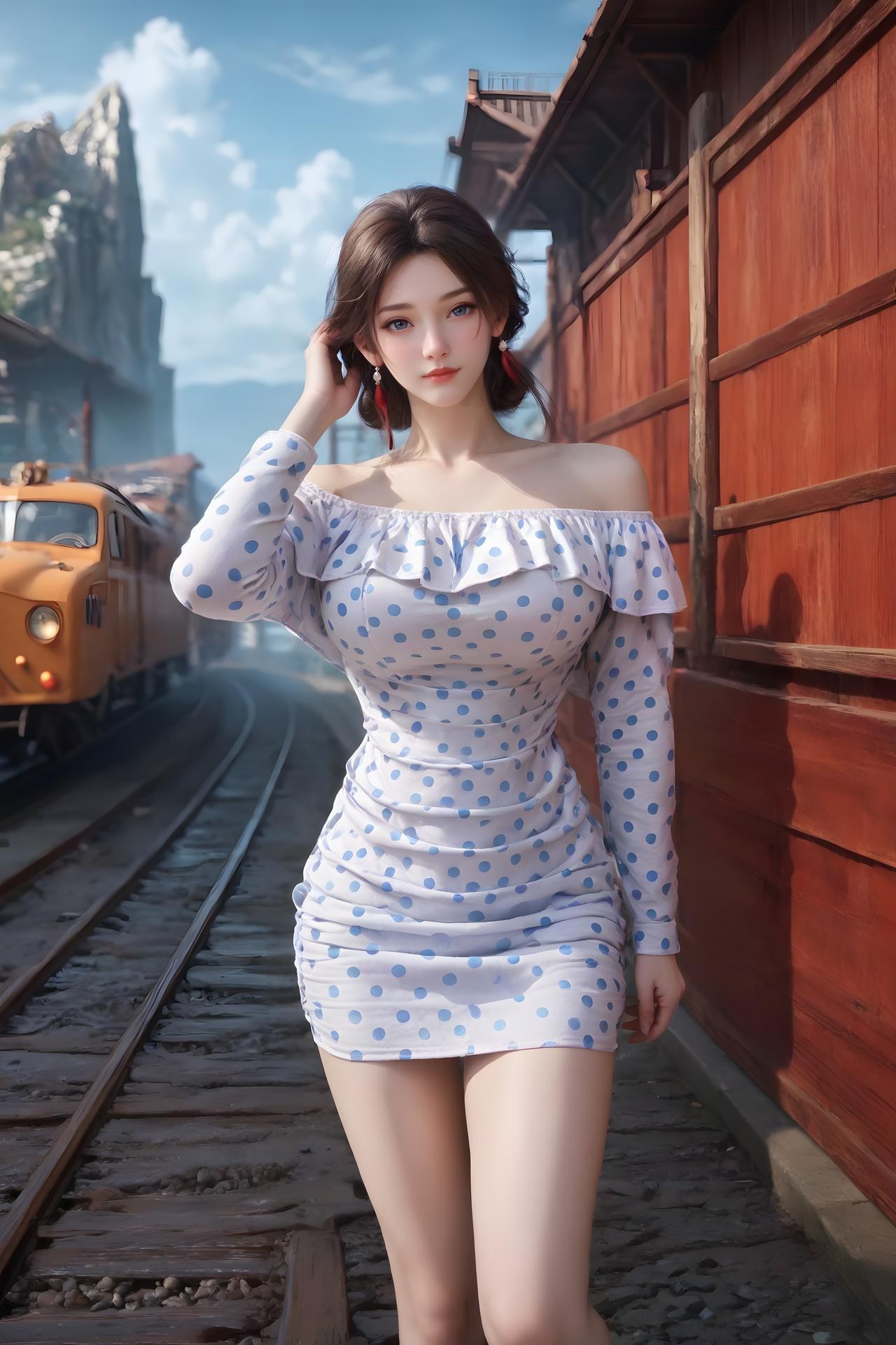 AI Nudes - Cẩm Nương váy chấm bi xanh trắng bên đường ray 99P