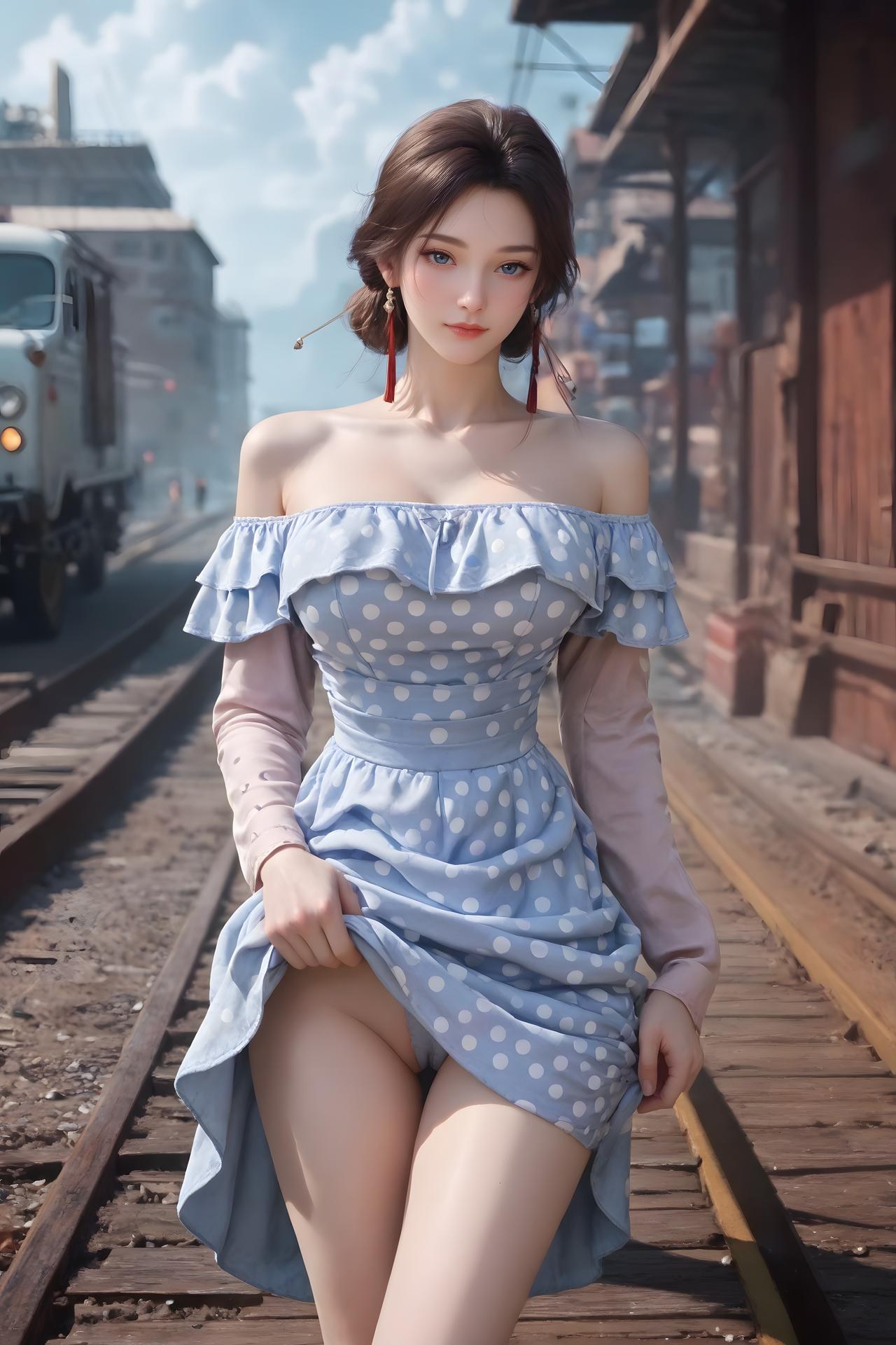 AI Nudes - Cẩm Nương váy chấm bi xanh trắng bên đường ray 99P