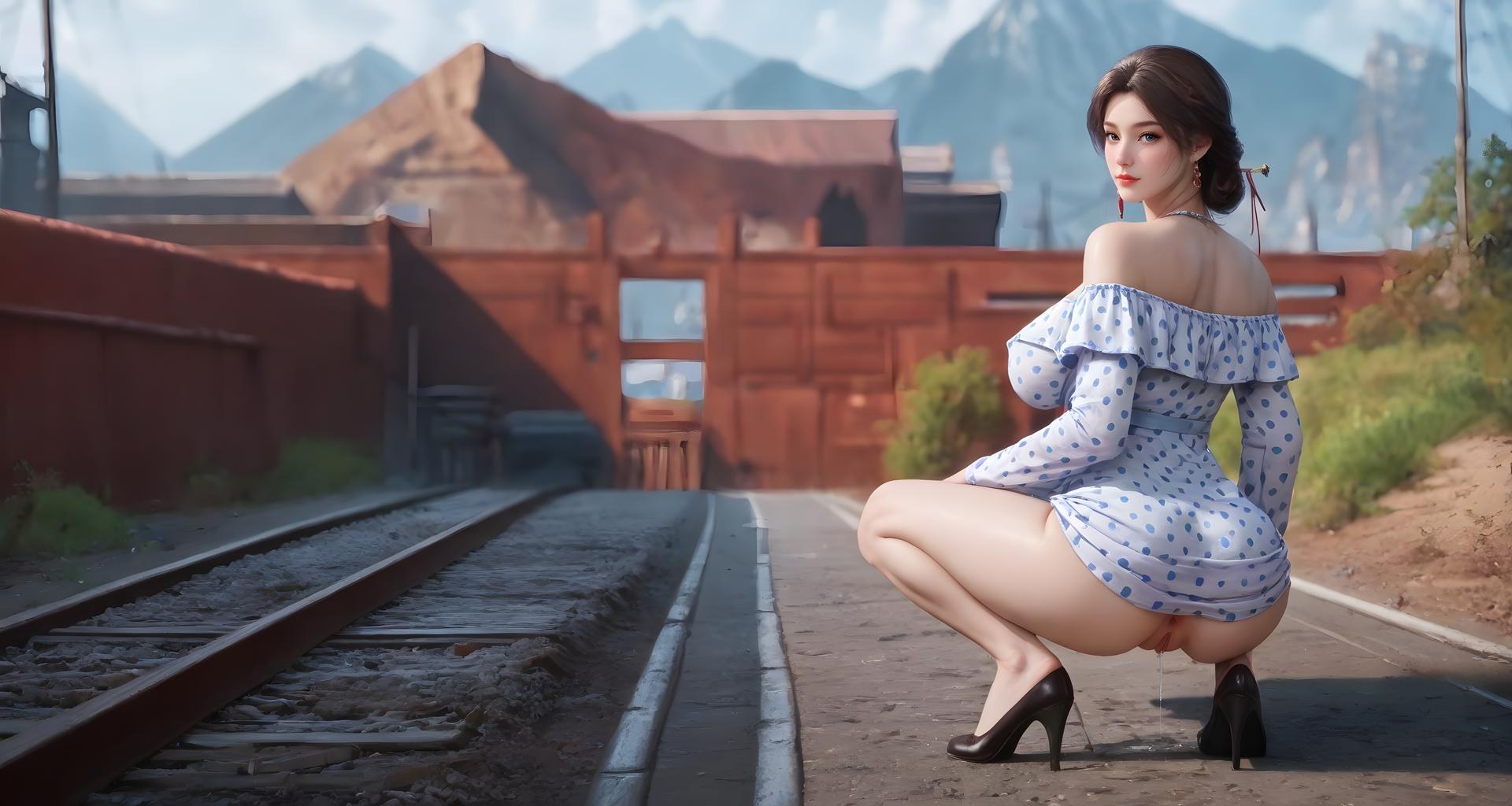 AI Nudes - 锦娘：蓝白波点露肩铁路露穴圖集 99P