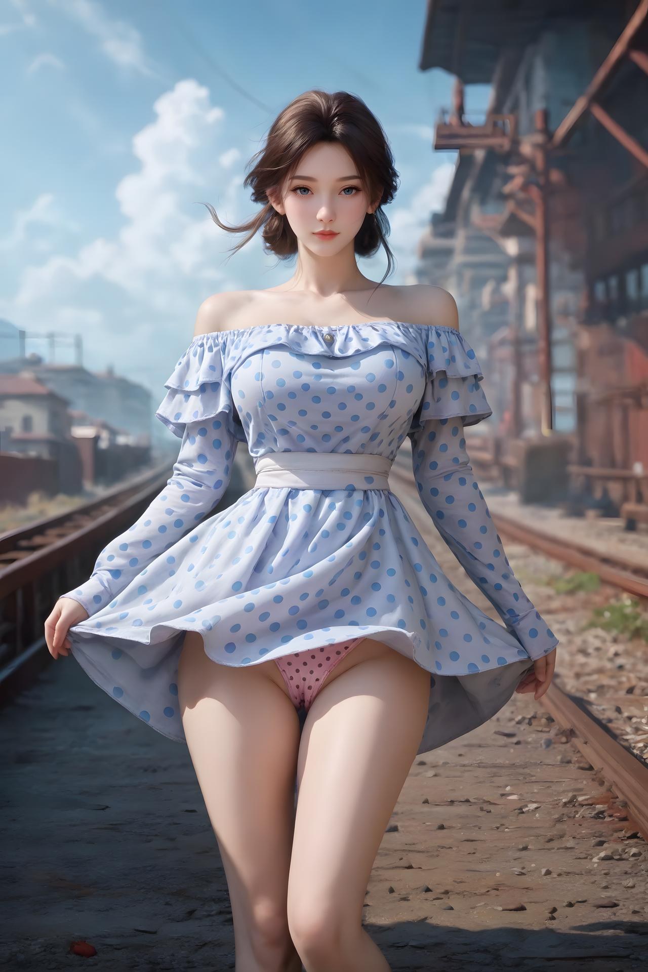 AI Nudes - 锦娘：蓝白波点露肩铁路露穴圖集 99P