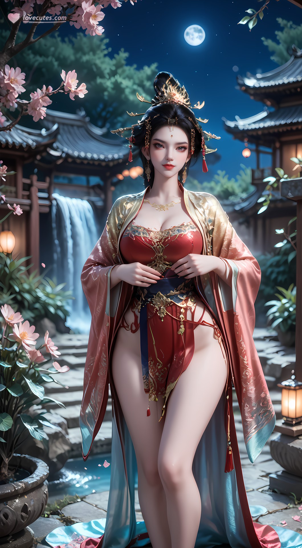 AI Nudes - 长乐皇后：红金宫廷水景露穴图集 95P