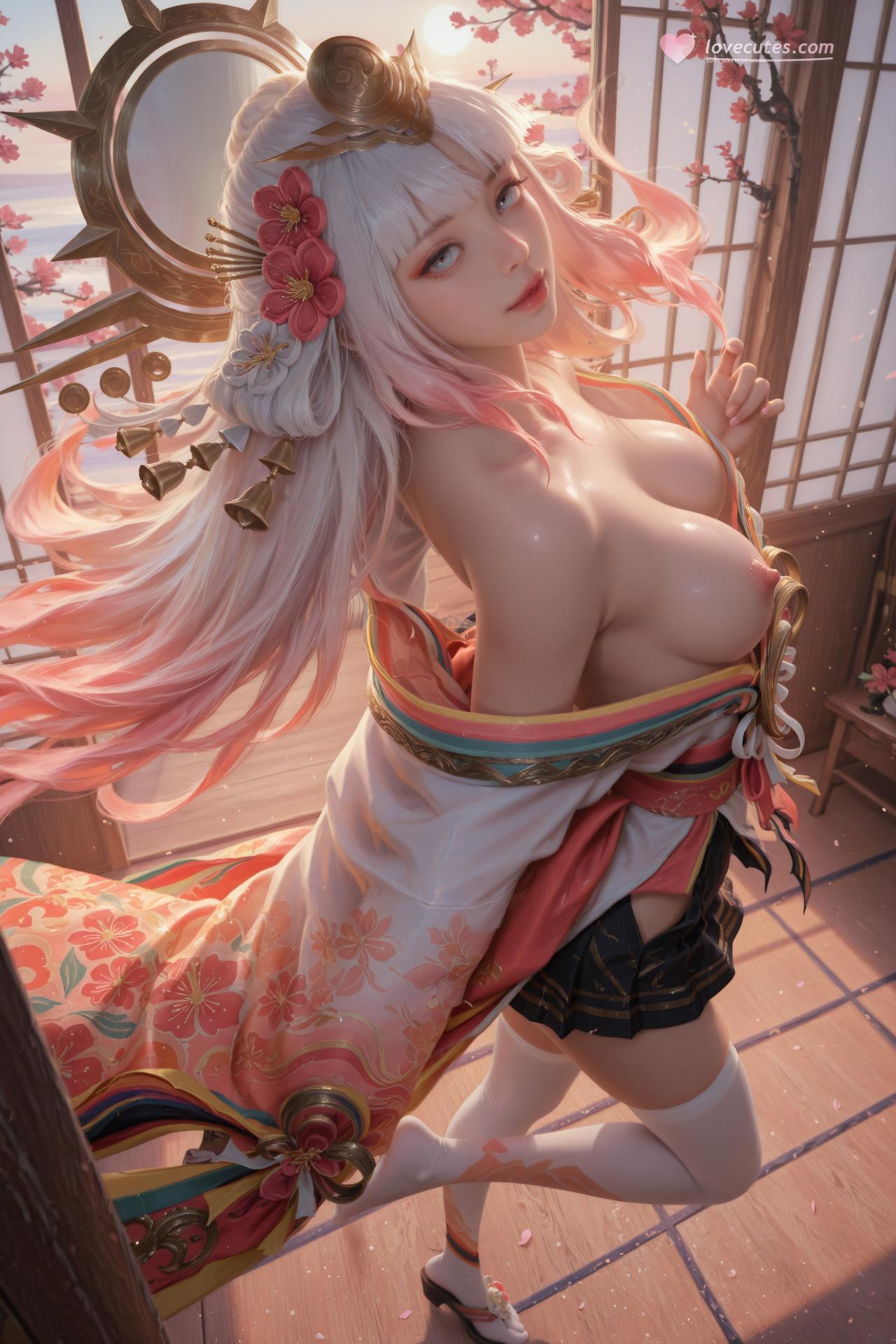 AI Porn - Nakoruru Pink-White Kimono White Stockings AI Gallery 114P