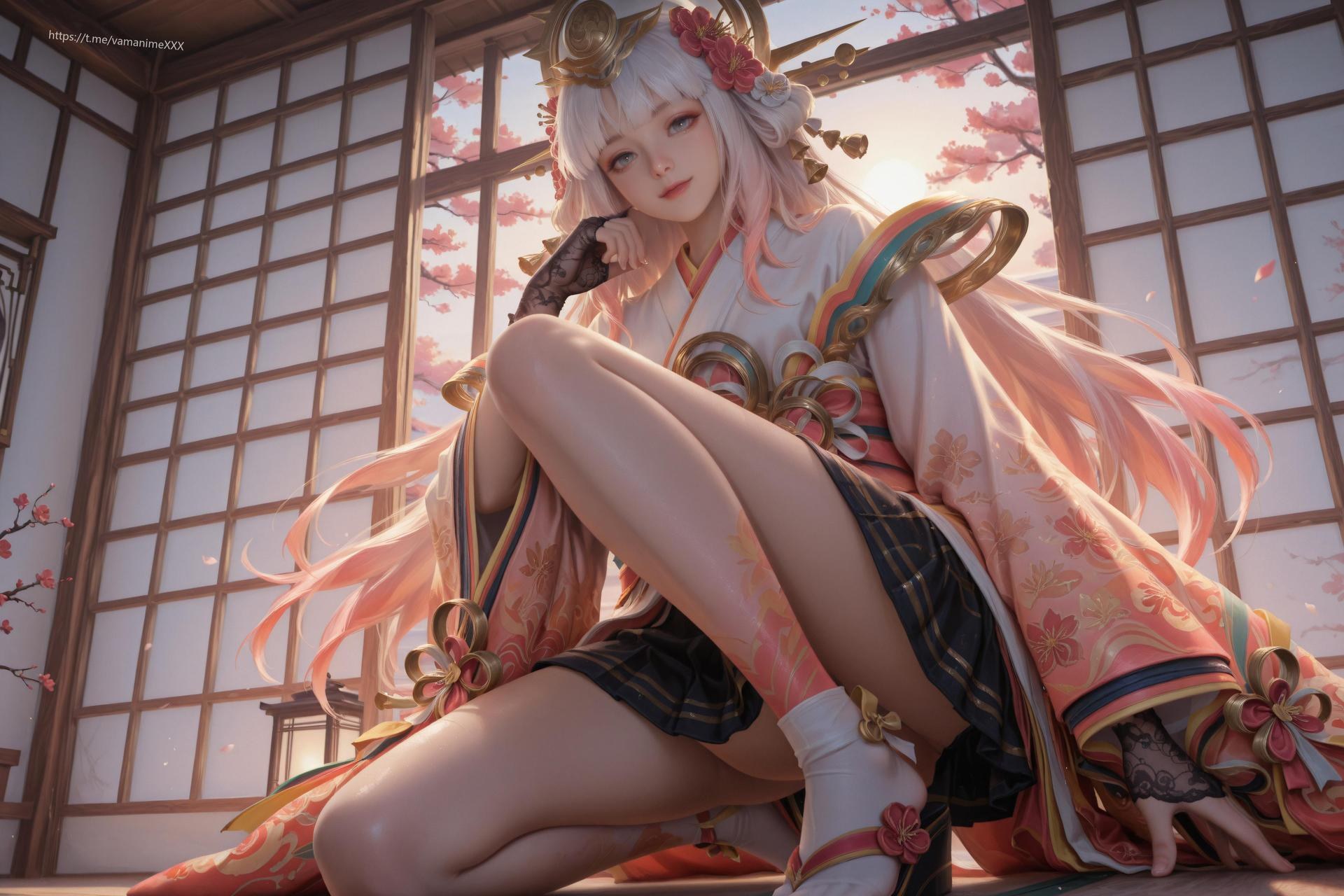 AI Porn - Nakoruru Pink-White Kimono White Stockings AI Gallery 114P