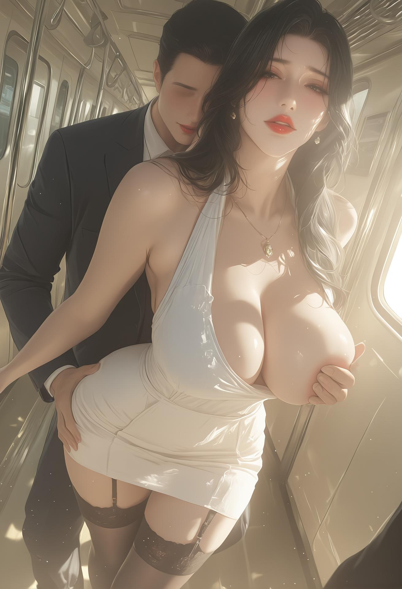AI Porn - 輕熟風電車：黑髮吊帶襪列車露穴圖集 124P