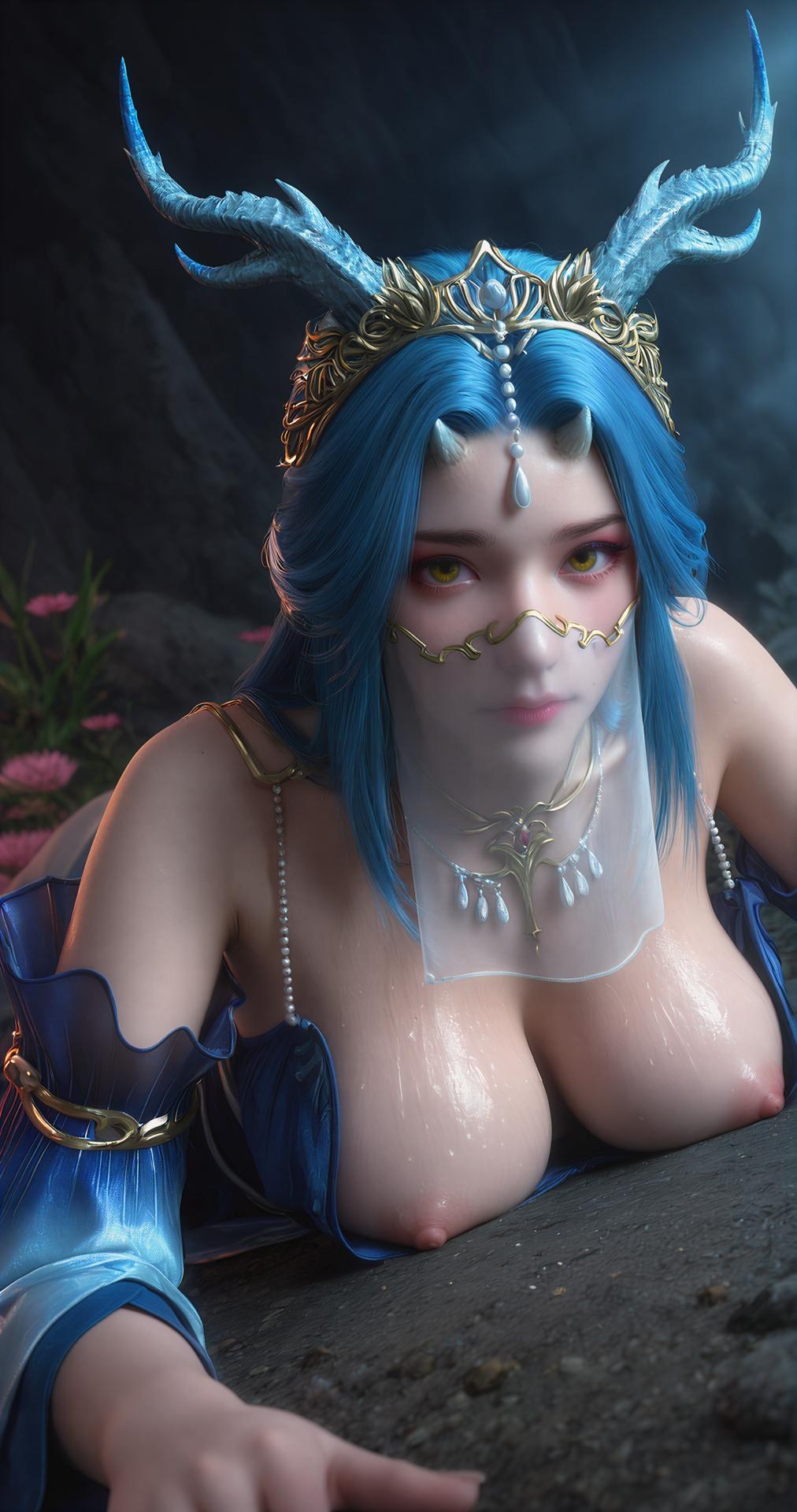 AI Porn - 完美世界 龍女：藍髮面紗洞窟交合圖集 100P